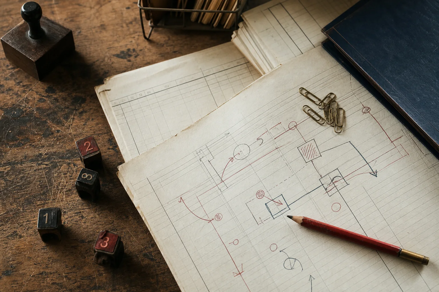 Ledger sheets, stamps, clips, and a pencil laid across a worn worktable