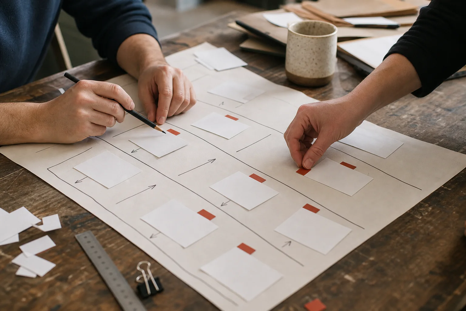 Two coworkers test a paper workflow with cards on a worktable